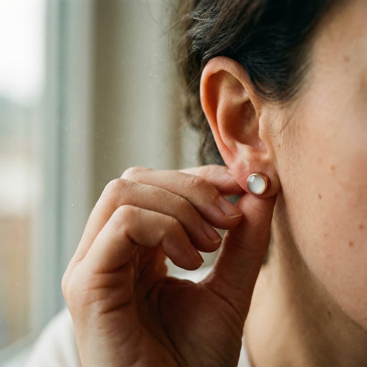 Gros plan d’une femme ajustant un clou d’oreille rond blanc cerclé d’or, exemple de boucles d'oreilles allaitement diy en résine au style minimaliste.