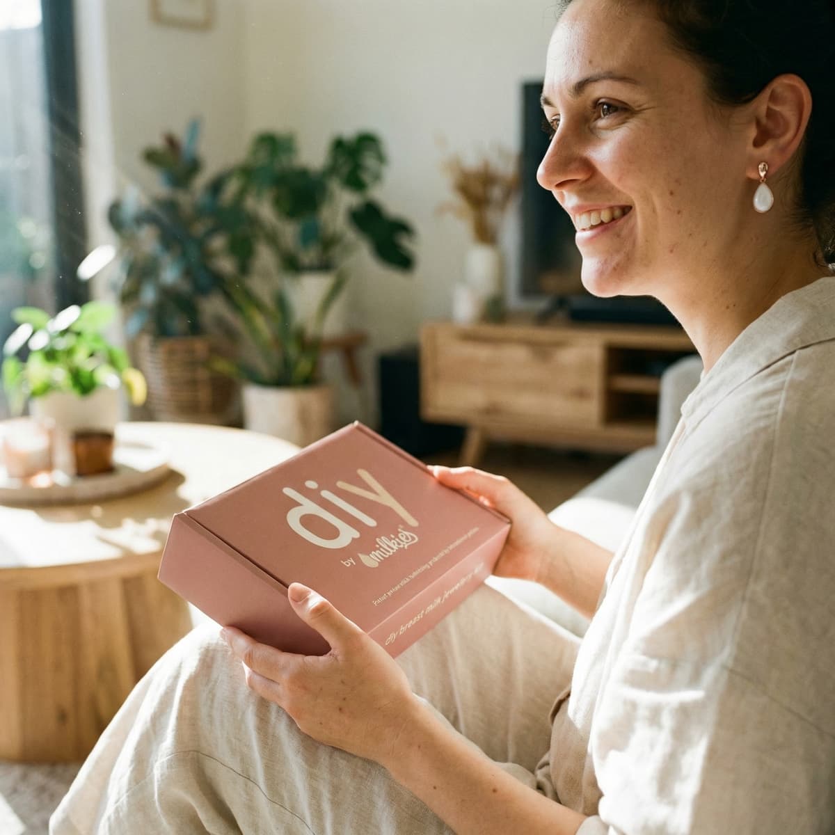 Jeune maman souriante tenant le coffret DIY by MILKIES dans un salon lumineux, portant des boucles d'oreilles allaitement diy en forme de goutte, illustrant pourquoi le kit est idéal pour créer soi-même un souvenir intime à la maison.