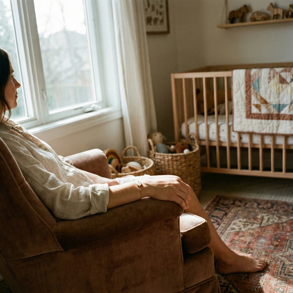 Jeune maman assise dans un fauteuil en velours dans une chambre de bébé lumineuse, portant un bracelet souvenir lait maternel délicat au poignet, avec un berceau et des jouets en arrière-plan.