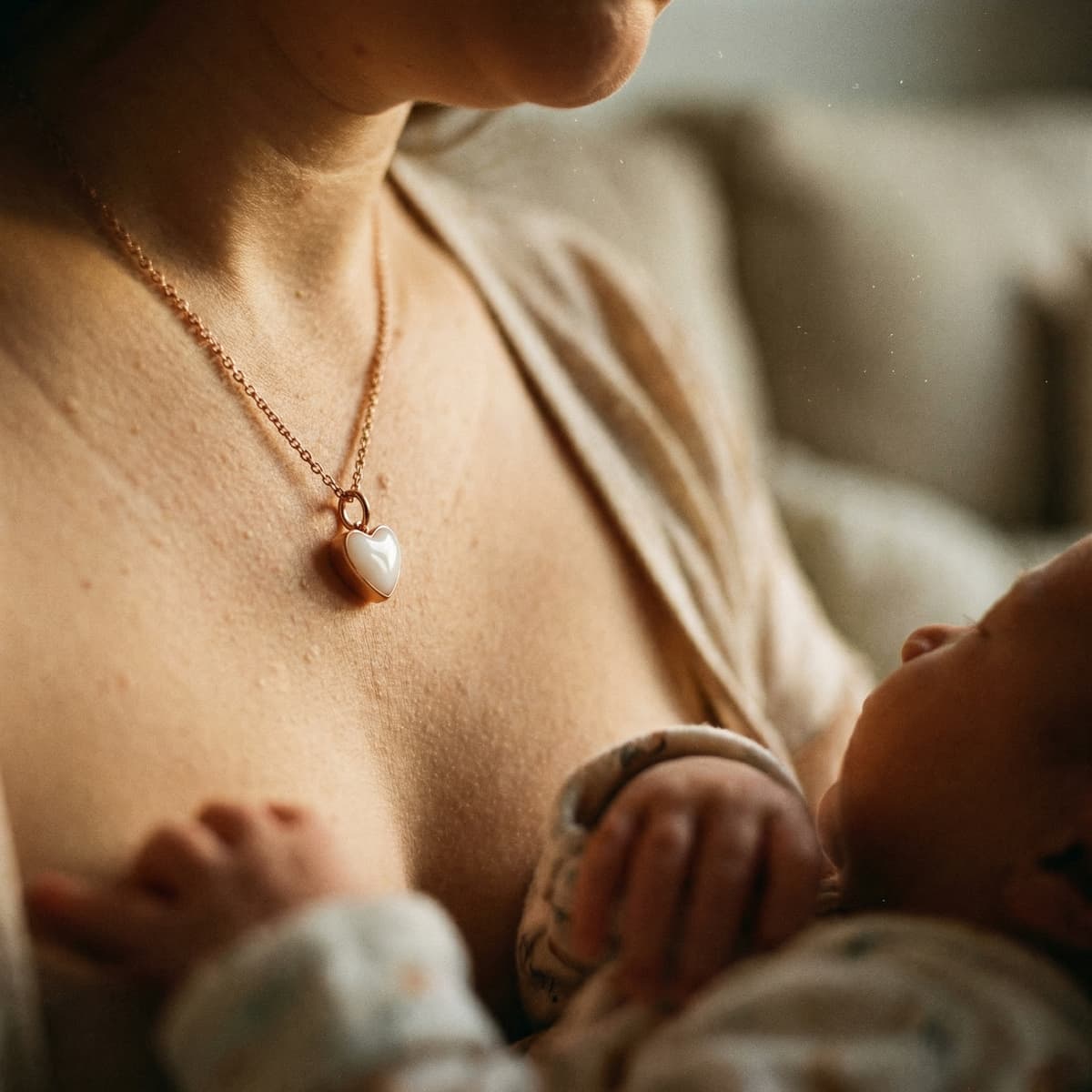 Une maman allaite son bébé en portant un collier avec pendentif cœur en résine blanc nacré, un cadeau naissance pour sa femme intime et symbolique.