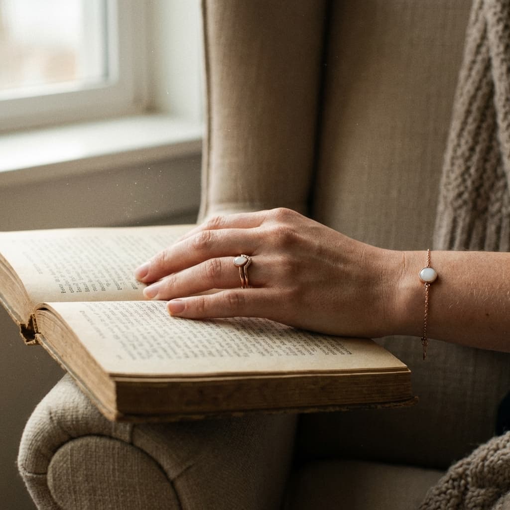 Main féminine posée sur un livre ouvert près d’une fenêtre, portant une bague et un bracelet délicats à pierre blanche, illustrant un coffret bijoux lait maternel raffiné pour créer un souvenir élégant.