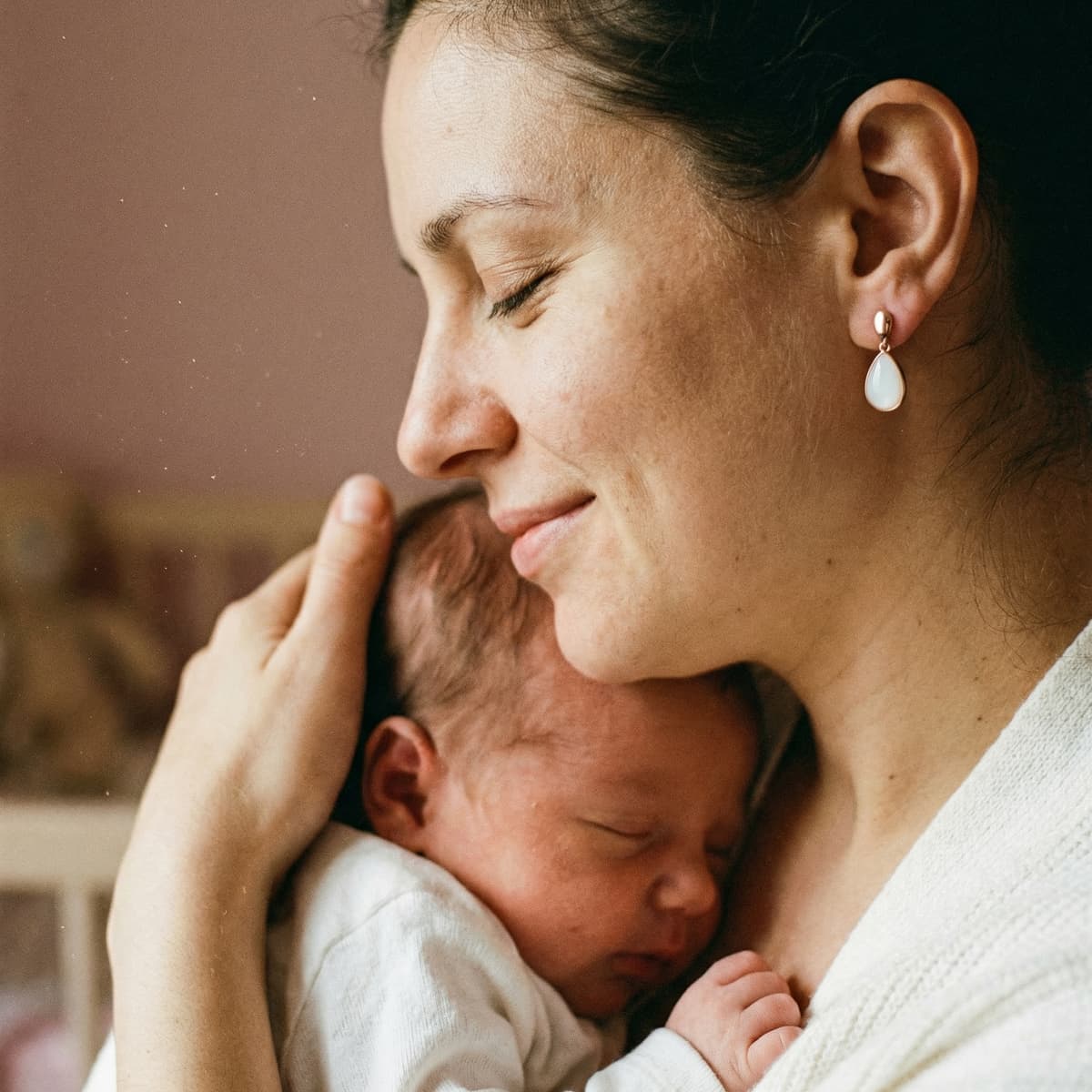 Une maman câline son nouveau-né en portant des boucles d’oreilles pierre blanche, illustrant pourquoi la création boucles d'oreilles lait maternel avec le kit DIY by MILKIES est une idée précieuse pour garder un souvenir intime.