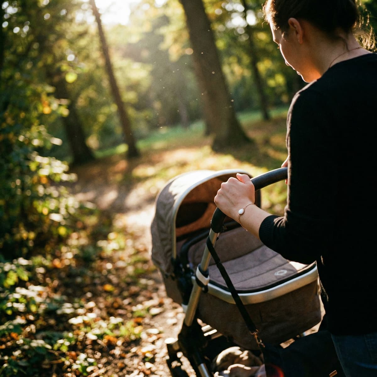 Maman poussant une poussette lors d’une promenade en forêt au coucher du soleil, portant un bijou discret au poignet évoquant la création bracelet lait maternel.