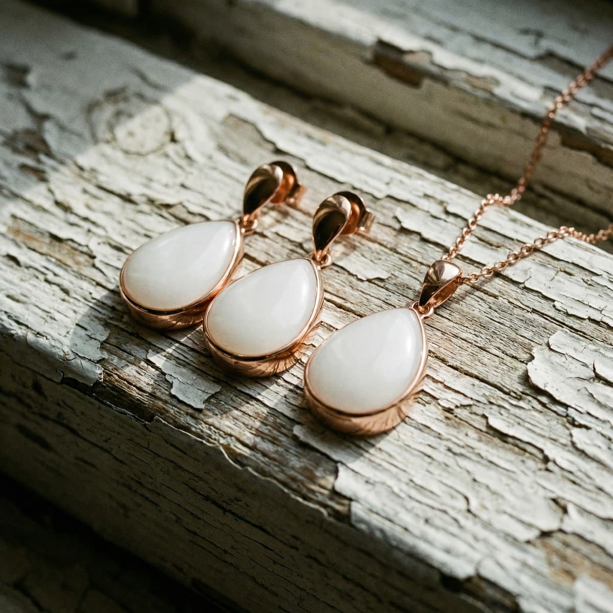 Ensemble en or rose avec pendentif et boucles d’oreilles goutte en résine blanche, illustrant la fabrication bijoux lait maternel sur une surface en bois patiné.