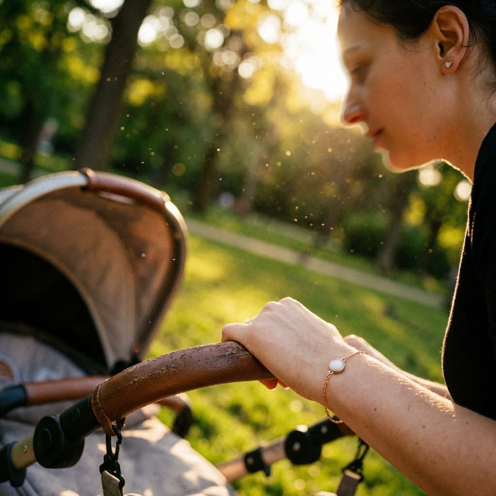 Jeune maman poussant une poussette dans un parc ensoleillé, portant un bracelet délicat en résine blanche illustrant la fabrication bijoux lait maternel comme souvenir d’allaitement.