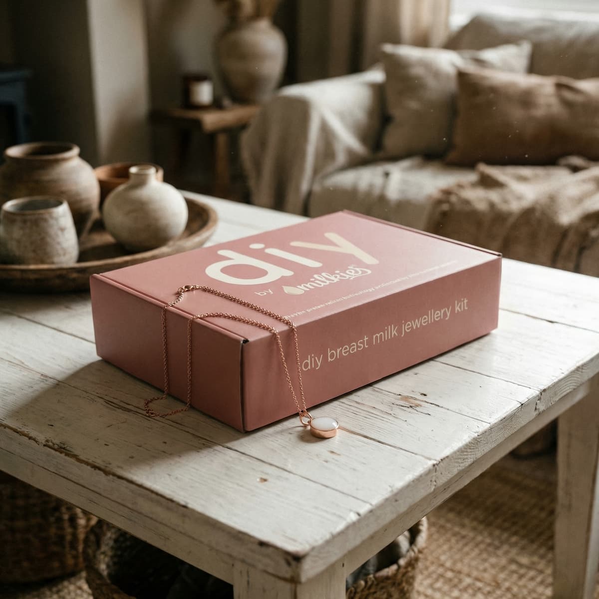 Kit DIY by MILKIES sur une table en bois avec un collier pendentif, pour fabriquer soi-même son bijou au lait à la maison dans un salon cosy.