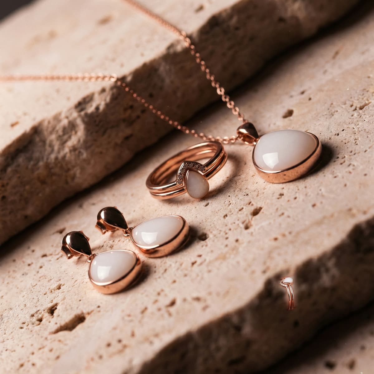Ensemble de bijoux en or rose (collier, bague et boucles d’oreilles) sertis d’une pierre blanche laiteuse sur fond de pierre naturelle, inspiration pour fabriquer soi-même son bijou au lait.