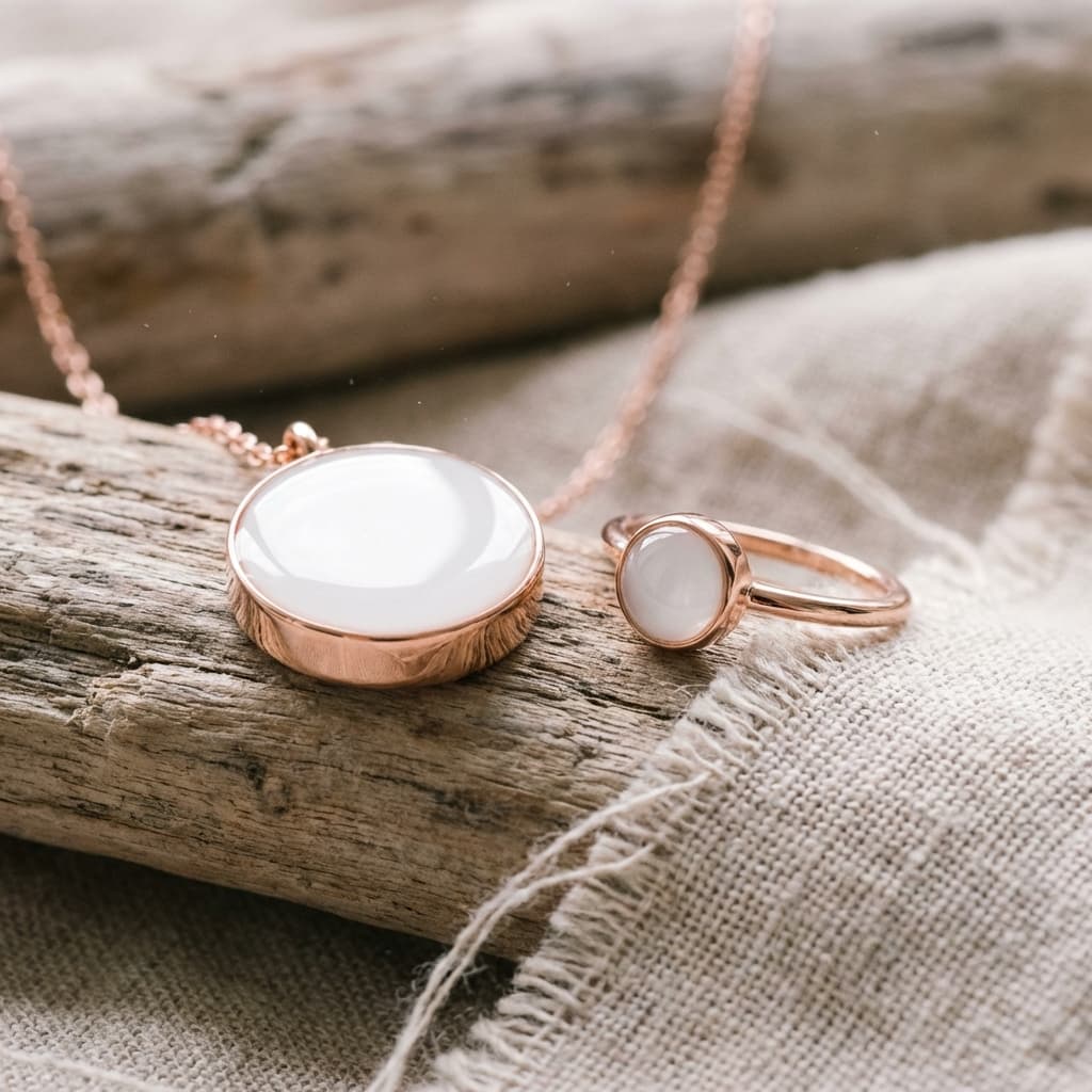 Collier pendentif et bague en plaqué or rose avec cabochon blanc laiteux, inspiration pour fabriquer soi-même son bijou au lait sur un fond naturel en bois et tissu.