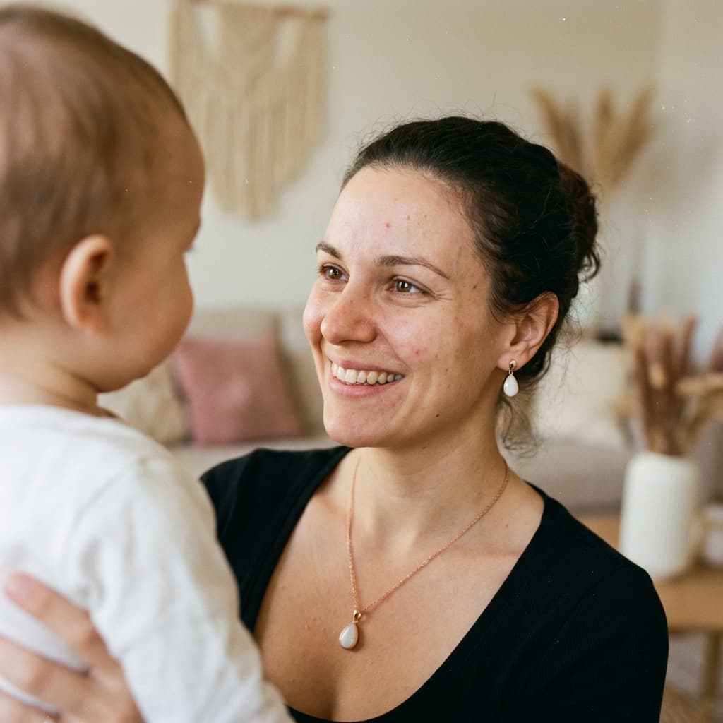Jeune maman souriante tenant son bébé à la maison, portant un collier et des boucles d’oreilles nacrés, illustrant pourquoi fabriquer soi-même son bijou au lait est une idée précieuse pour garder un souvenir intime.