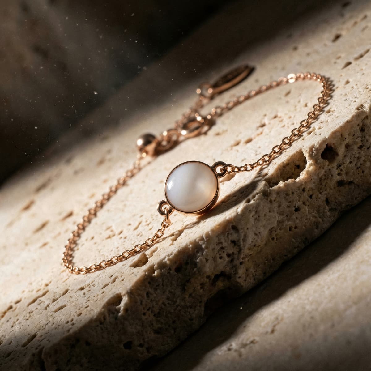Bracelet délicat en chaîne dorée avec médaillon rond blanc nacré, inspiration pour fabriquer un bracelet lait maternel, posé sur une pierre claire texturée sous une lumière douce.