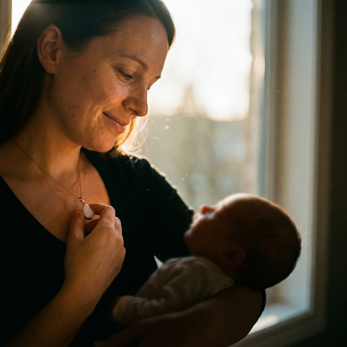 Jeune maman souriante tenant son bébé près d’une fenêtre, touchant un pendentif blanc, illustrant comment fabriquer un collier lait maternel à la maison avec un kit DIY pour créer un souvenir intime en toute simplicité.