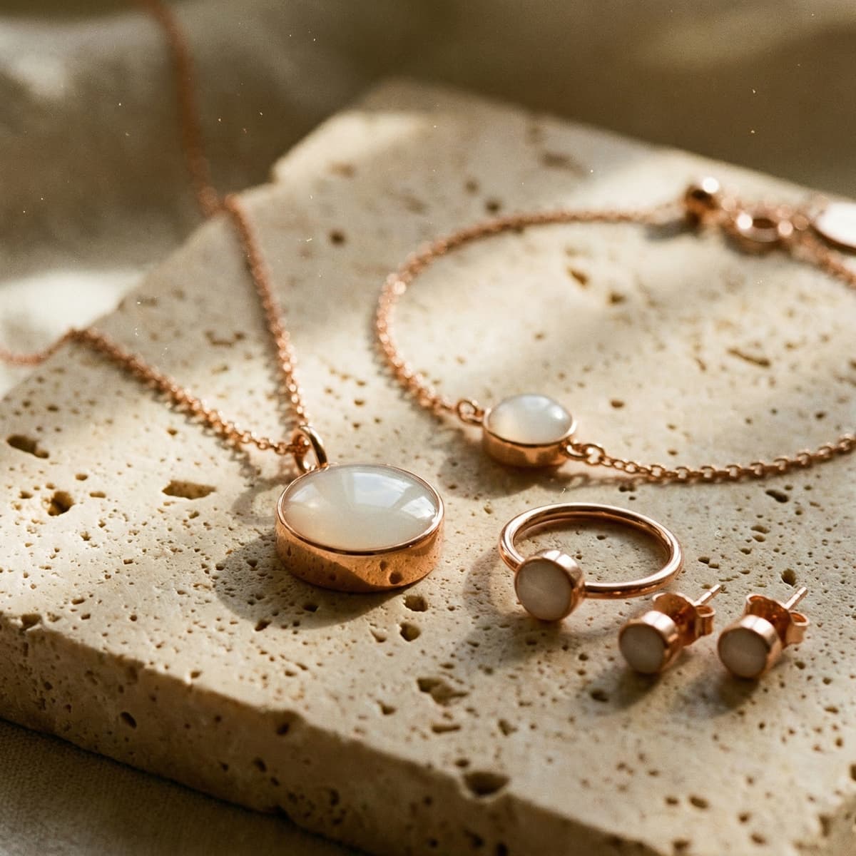 Composition de bijoux en plaqué or rose (collier, bracelet, bague et boucles d’oreilles) sertis d’une pierre blanche laiteuse, illustrant comment faire son bijou au lait maternel à la maison.