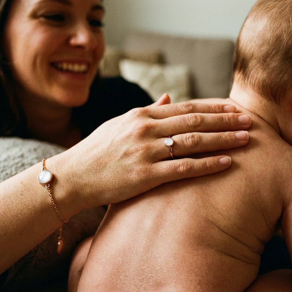 Maman souriante câlinant son bébé, portant un bracelet et une bague en résine au lait maternel, illustrant pourquoi choisir le kit DIY by MILKIES pour faire un bracelet avec son lait à la maison et créer un souvenir intime.