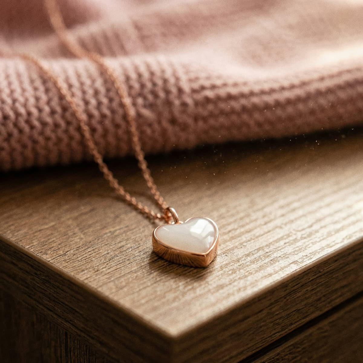Pendentif cœur en métal couleur or rose avec pierre blanche laiteuse, parfait pour faire un collier avec son lait maternel, posé sur une boîte en bois avec tissu beige en arrière-plan.