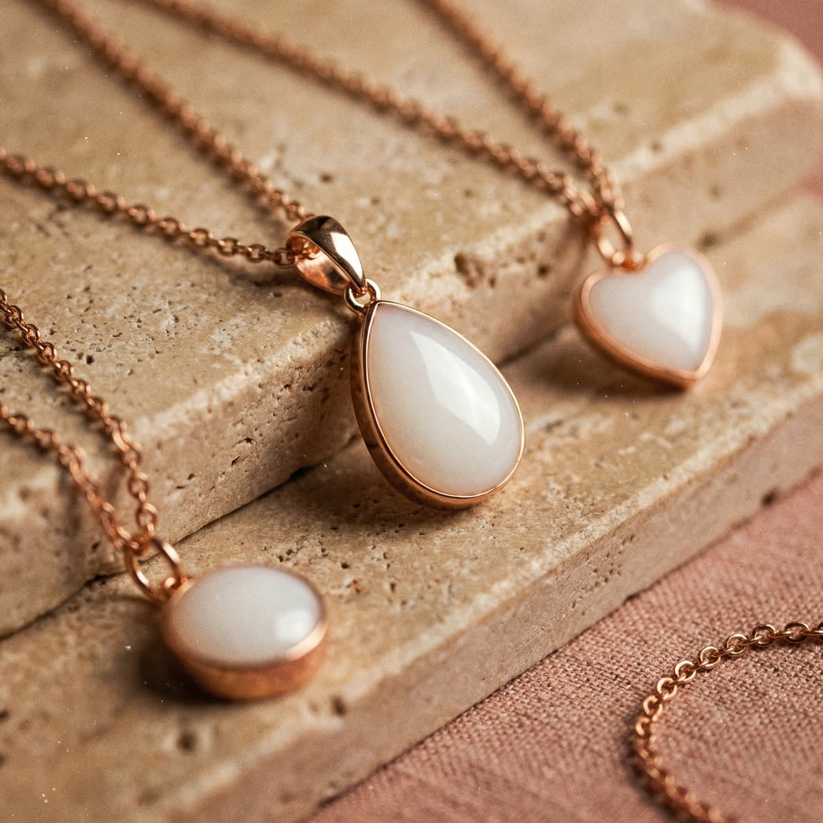 Bijoux souvenir en plaqué or rose avec pendentifs blanc nacré en forme de goutte et de cœur, montrant comment faire un collier avec son lait maternel grâce à un kit DIY à la maison.