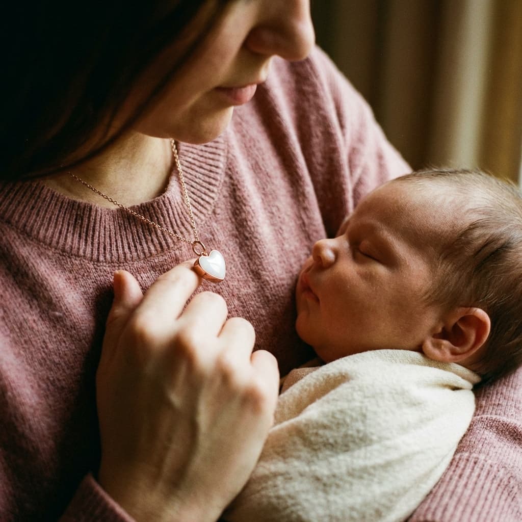 Illustration d’une maman tenant son nouveau-né et touchant un pendentif cœur blanc, expliquant pourquoi choisir un kit DIY à la maison pour faire un collier avec son lait maternel et garder un souvenir intime.