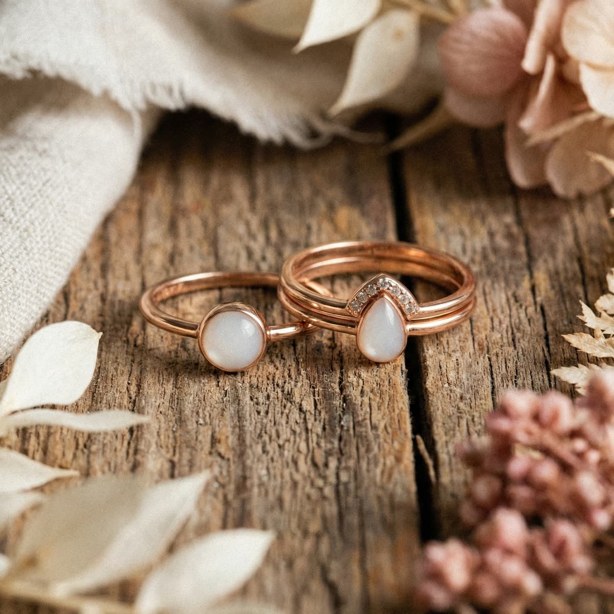 Bague souvenir en or rose avec pierre blanche laiteuse posée sur un fond en bois avec fleurs séchées, inspiration DIY pour faire une bague avec son lait et créer un bijou de maternité personnalisé.
