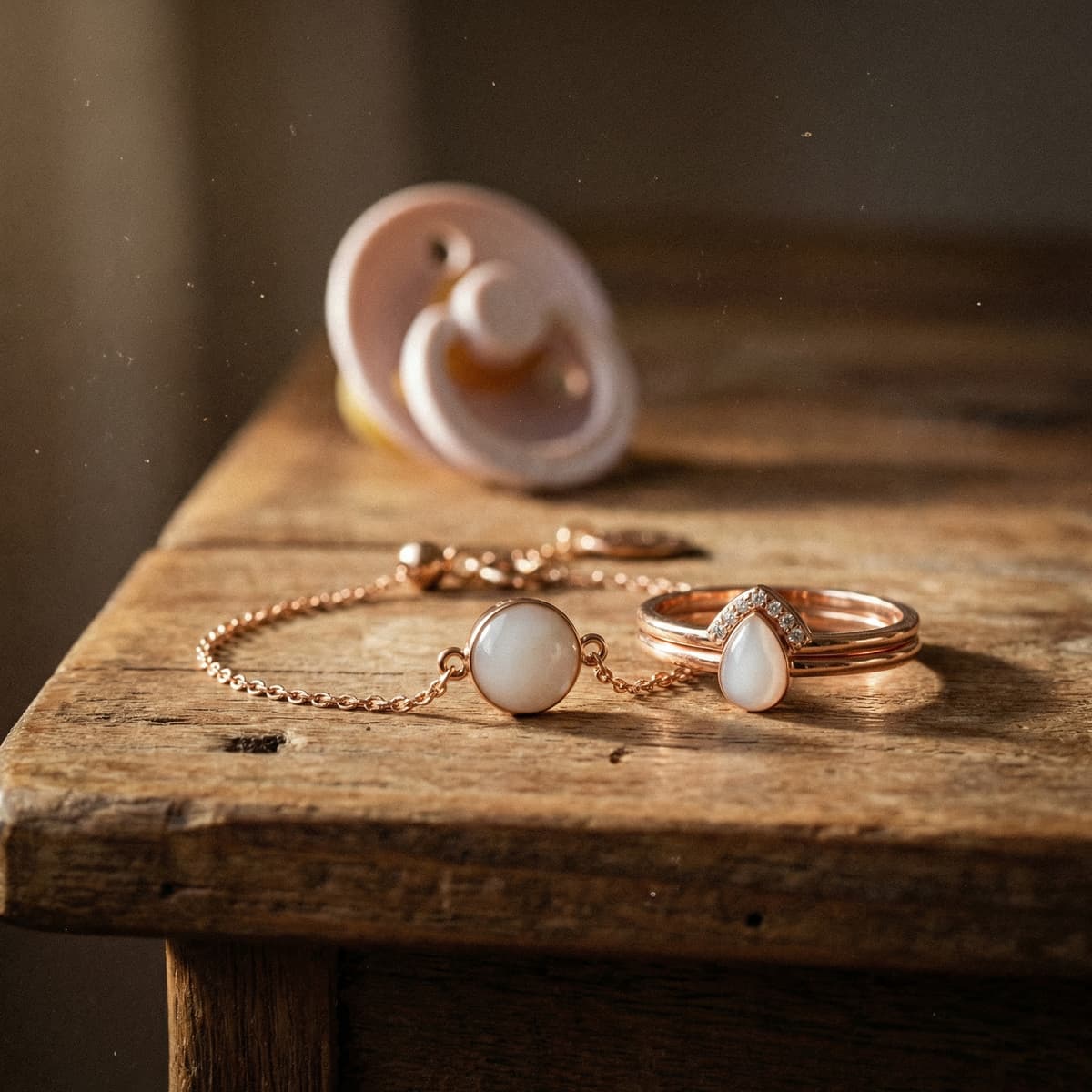 Bracelet et bagues en métal doré rose avec cabochons blanc nacré, réalisés avec un kit bijou lait maternel, posés sur une table en bois avec un tire-lait flou en arrière-plan.