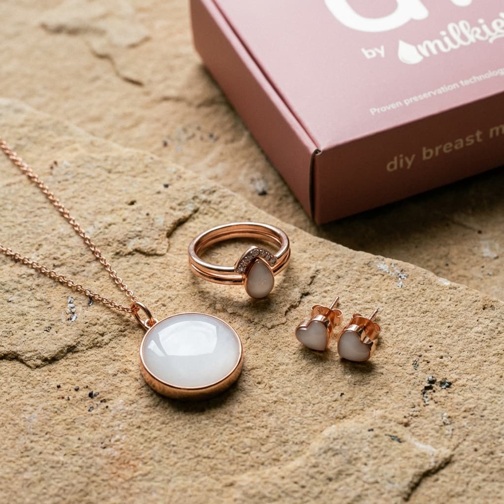 Bijoux en résine couleur lait avec finitions dorées (collier médaillon, bague et boucles d’oreilles) posés sur une surface en pierre, avec la boîte du kit bijou lait maternel DIY by MILKIES en arrière-plan.