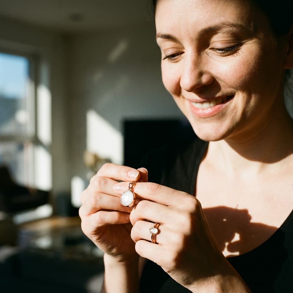 Jeune maman souriante tenant un pendentif blanc en résine, illustrant pourquoi choisir un kit bijou lait maternel DIY by MILKIES pour créer chez soi un souvenir intime et personnalisé.