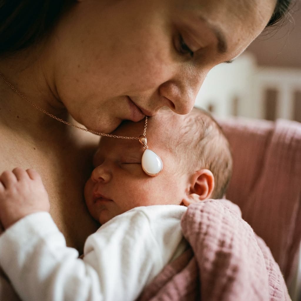 Maman berçant son nouveau-né contre elle, portant un pendentif goutte blanc en résine réalisé avec un kit bijou lait maternel à faire soi-même pour conserver un souvenir d’allaitement.