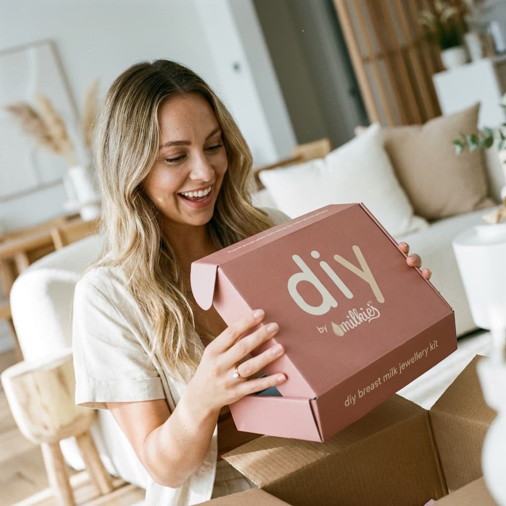 Jeune maman souriante déballant à la maison une boîte DIY by MILKIES, un kit bijou lait maternel à faire soi-même avec tout le nécessaire pour créer facilement un souvenir personnalisé en toute autonomie.