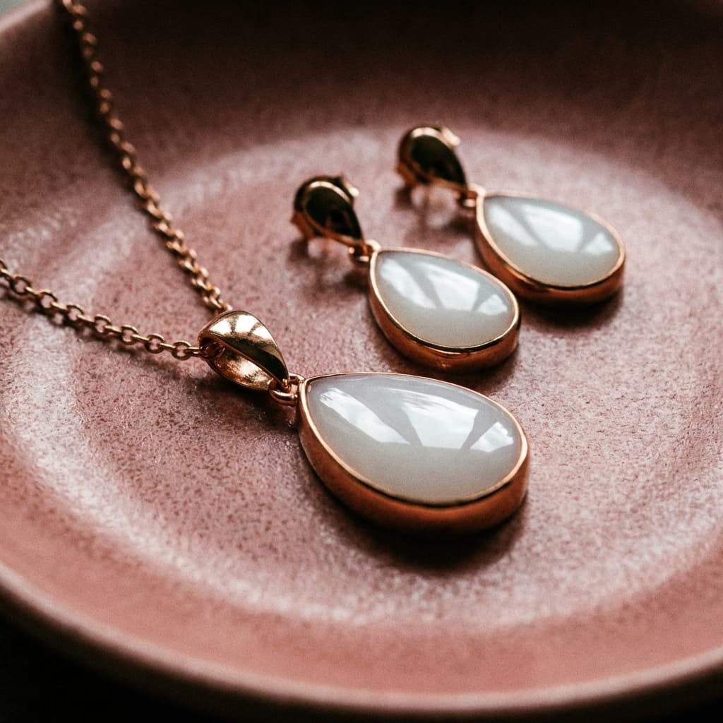 Ensemble élégant de collier et boucles d’oreilles dorés avec gouttes en résine blanche laiteuse, réalisé avec un kit bijoux lait maternel, posé sur un fond rose.
