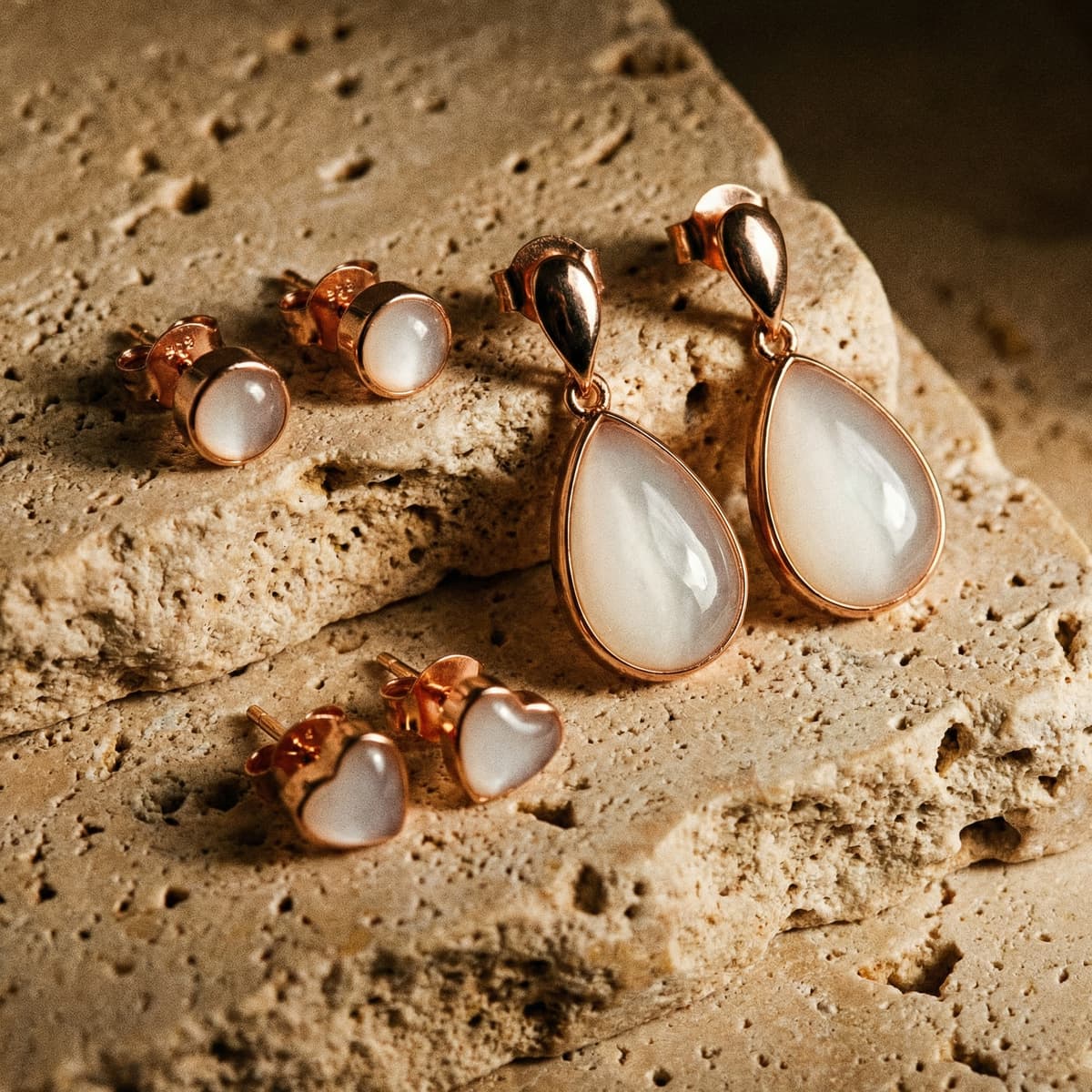 Boucles d’oreilles en or rose en forme de goutte avec cabochon blanc nacré, parfaites pour un kit boucles d'oreilles lait maternel DIY afin de créer un bijou souvenir à la maison.