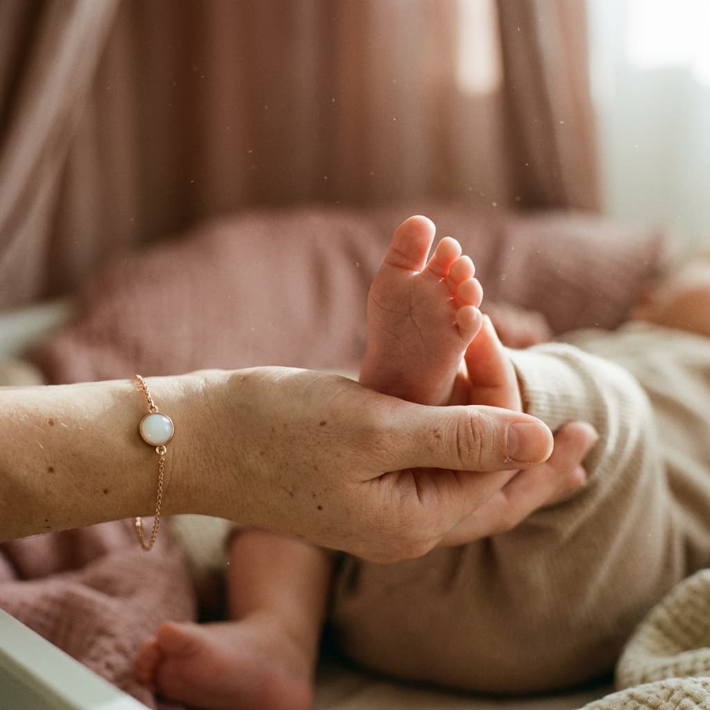 Maman tenant le pied de son bébé sur un lit, portant au poignet un bracelet souvenir réalisé avec un kit bracelet allaitement, avec médaillon rond blanc sur chaîne dorée.