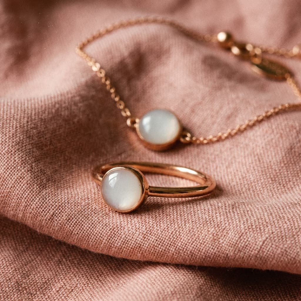 Collier et bague en finition or rose avec cabochons blanc laiteux, illustrant un kit création bijoux lait maternel pour réaliser un souvenir élégant à la maison.