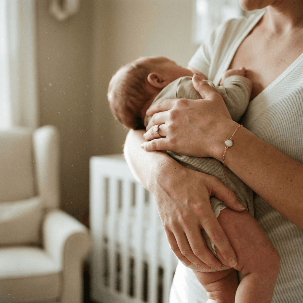 Jeune maman tenant son nouveau-né dans une chambre douce, illustrant pourquoi choisir un kit de fabrication de bijoux au lait maternel pour créer à la maison un bijou souvenir intime avec un bracelet blanc.