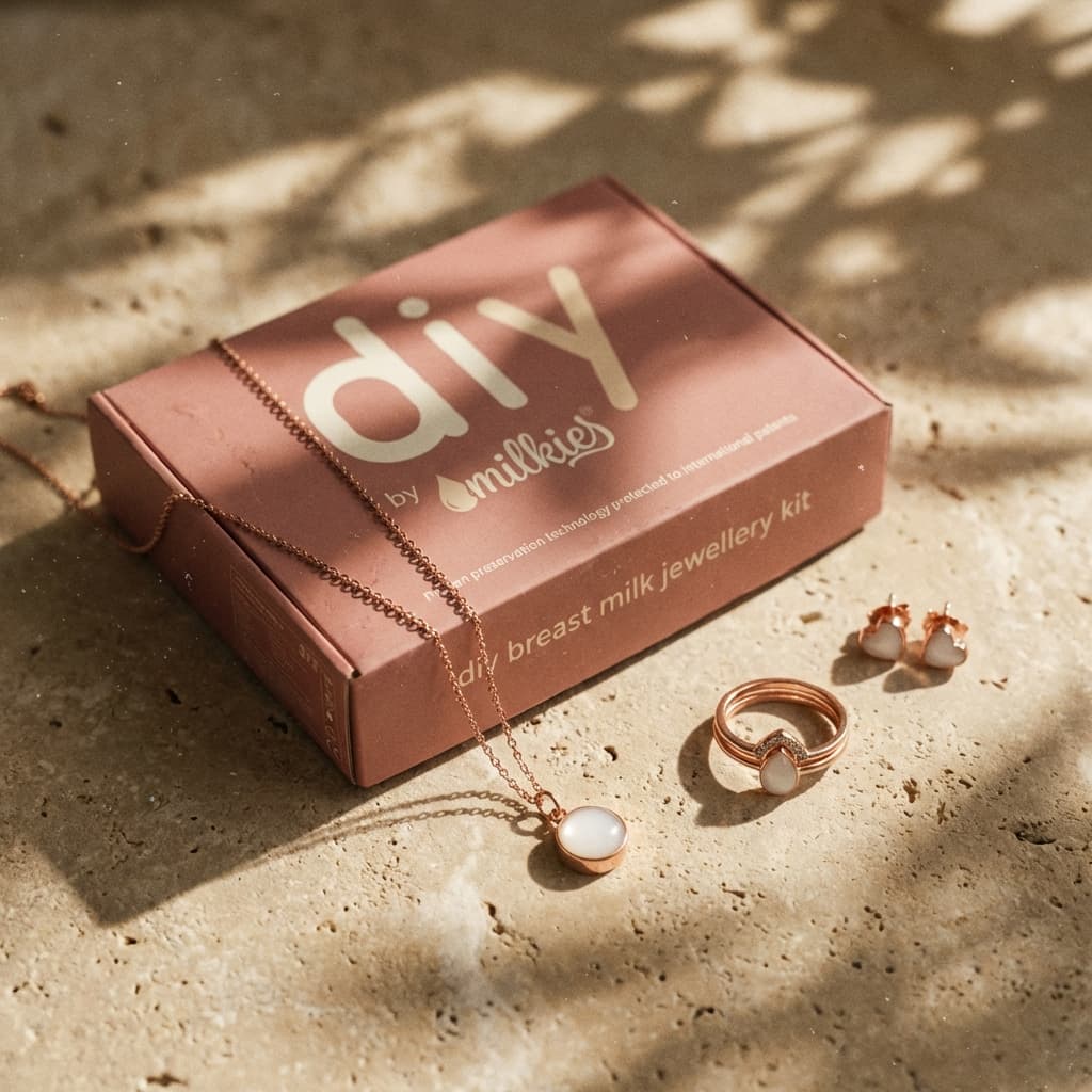 Boîte rose DIY by MILKIES présentant un kit diy bijoux lait maternel avec collier, bague et boucles d’oreilles rose gold pour créer un bijou souvenir à la maison.
