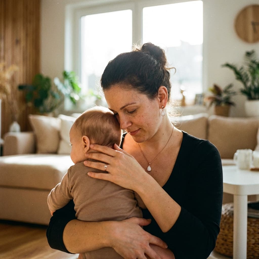 Jeune maman dans un salon lumineux serrant son bébé, portant un collier délicat, illustrant pourquoi choisir un kit diy bijoux lait maternel pour créer chez soi un souvenir intime et durable.