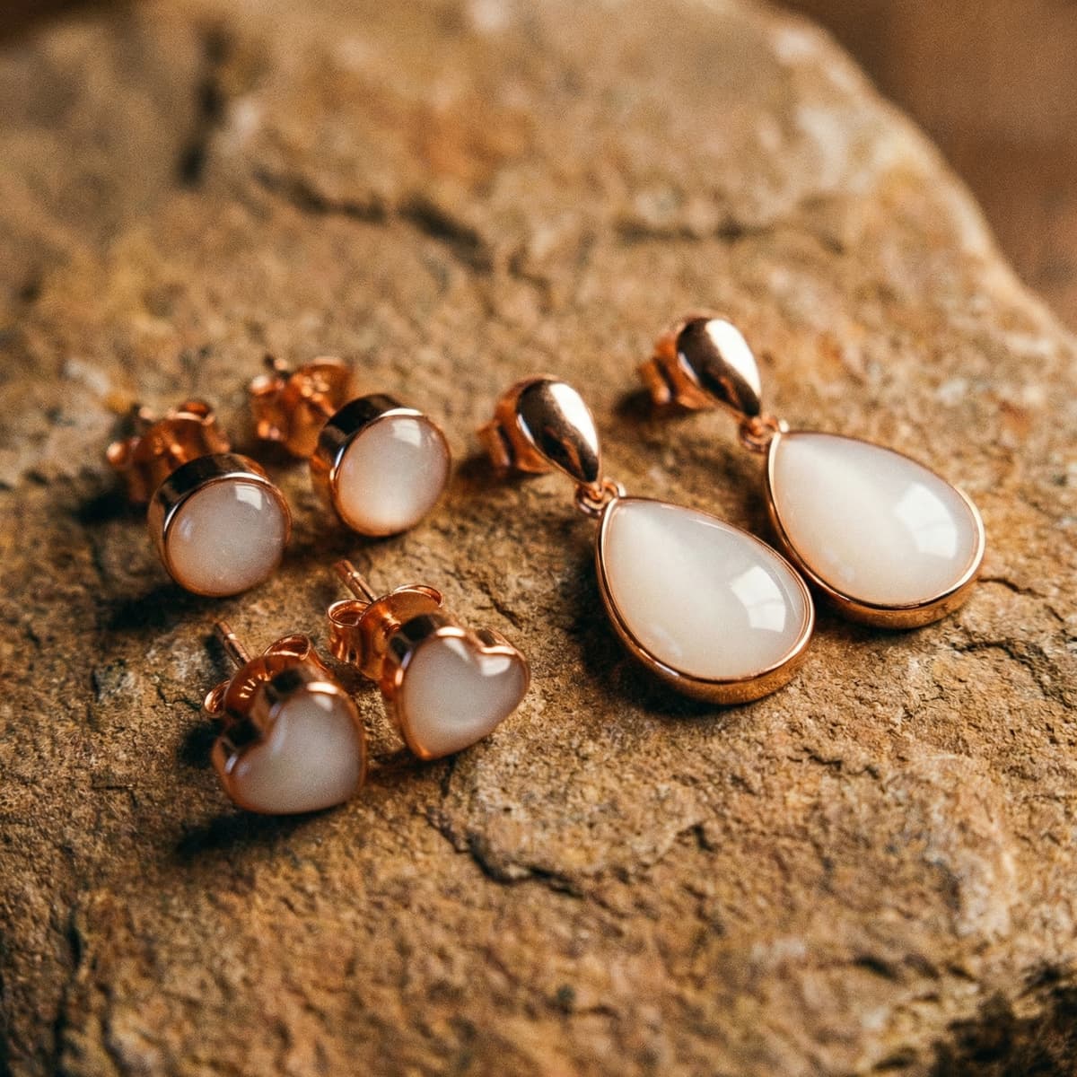 Collection de bijoux en métal doré rose avec cabochons blancs, comprenant des puces rondes et en forme de cœur ainsi que des boucles d’oreilles pendantes style goutte, parfaites pour un kit diy boucles d'oreilles lait maternel.