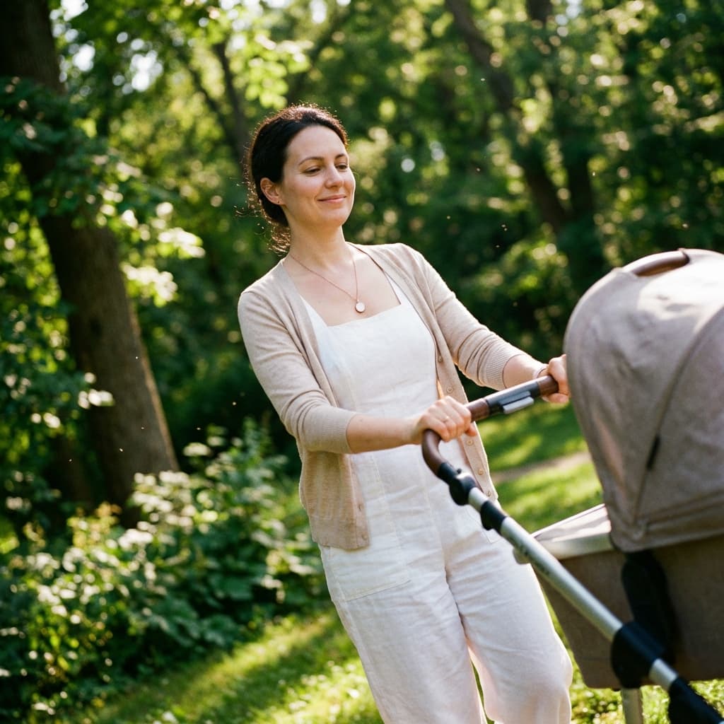 Jeune maman se promenant dans un parc ensoleillé en poussant une poussette, portant un collier discret, illustration d’un kit diy pendentif lait maternel pour créer un souvenir personnalisé.