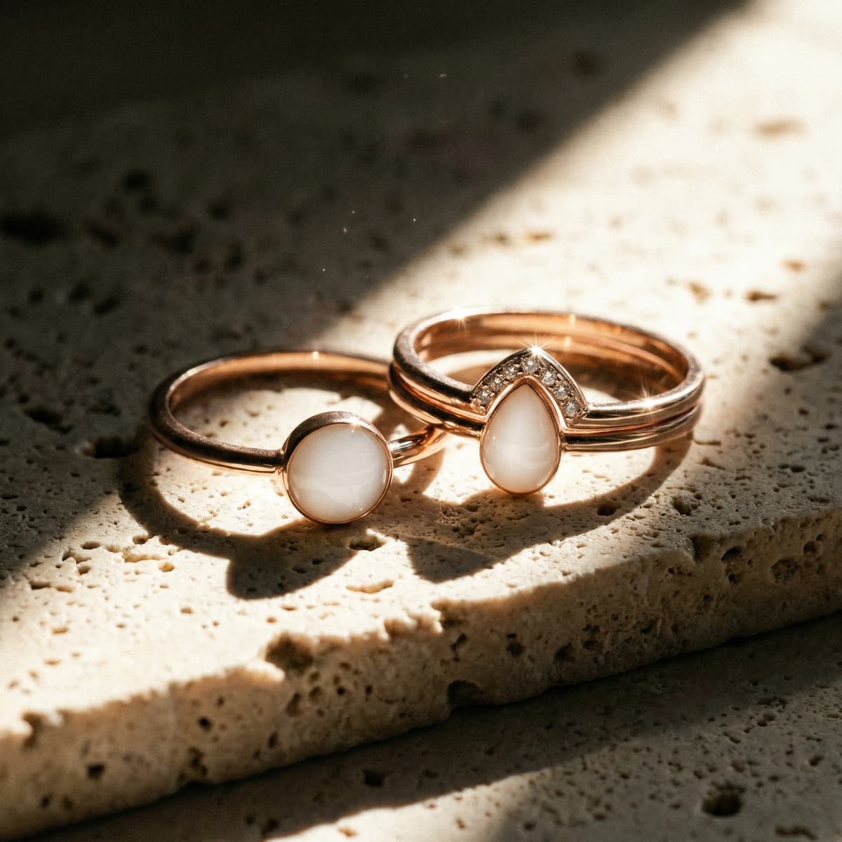 Deux bagues en or rose avec pierres blanches nacrées, l’une ronde et l’autre en forme de goutte sertie de petits cristaux, illustrant un kit fabrication bague lait maternel sur fond de pierre beige éclairé par le soleil.