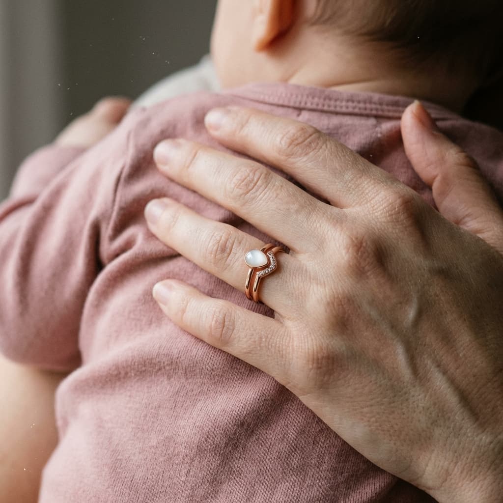 Une maman tient son bébé contre elle et porte une bague souvenir en pierre blanche sur anneau rose doré, réalisée avec un kit fabrication bague lait maternel DIY by MILKIES.