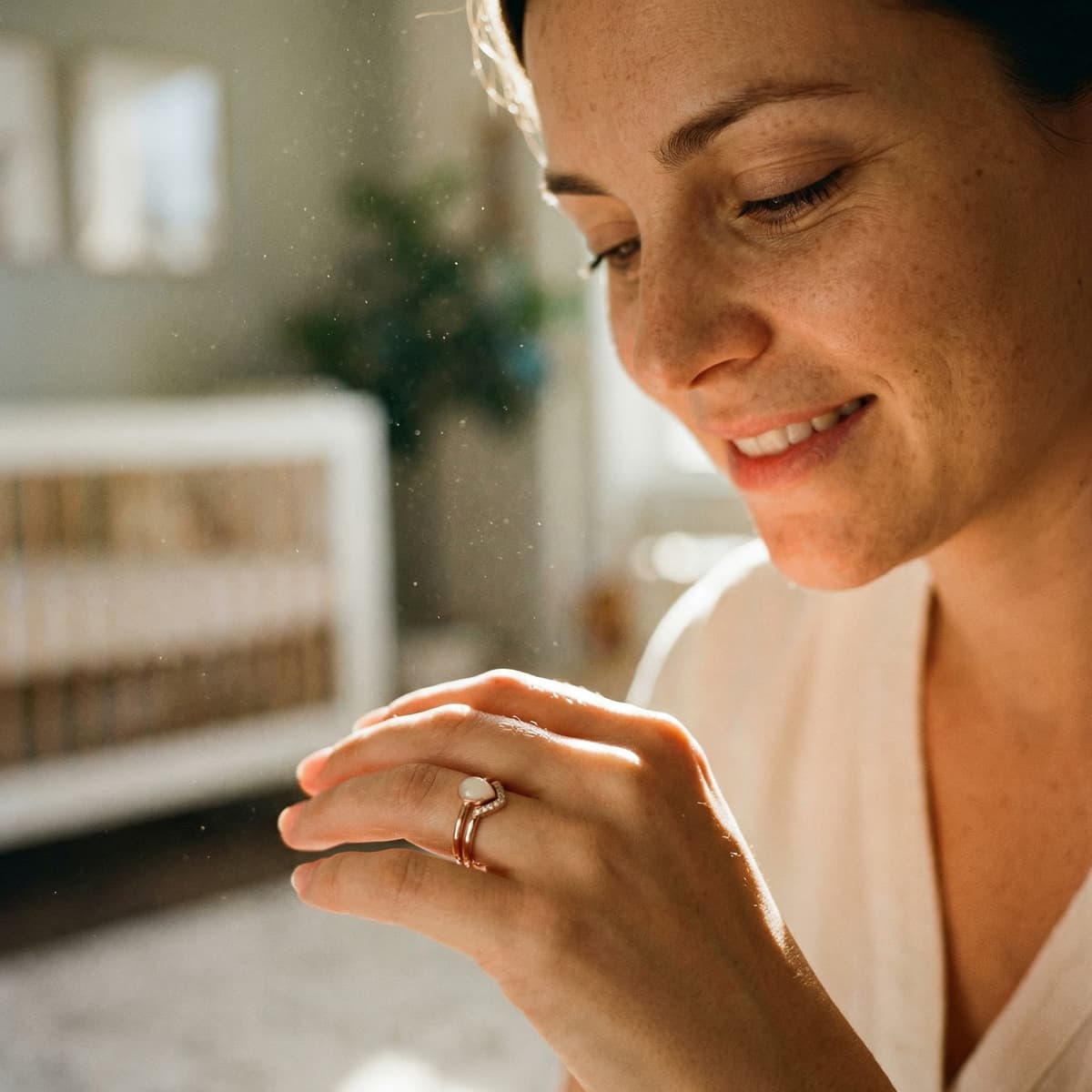 Jeune maman souriante en lumière naturelle portant une bague rose doré avec pierre laiteuse, illustrant pourquoi choisir un kit fabrication bague lait maternel pour créer chez soi un souvenir intime et durable.