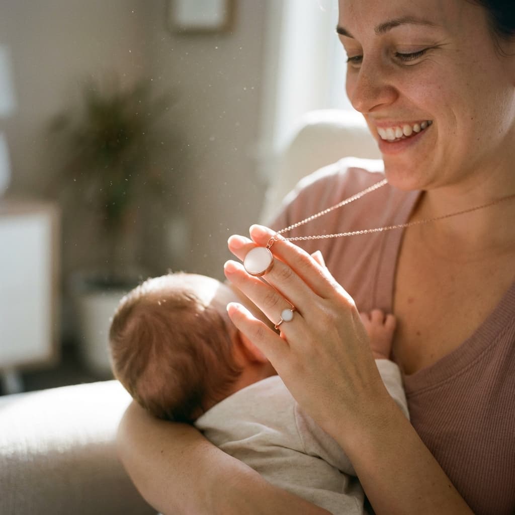 Jeune maman souriante tenant son bébé, présentant un collier et une bague avec pierre blanche, symbole d’un kit fabrication bijoux lait maternel pour créer un souvenir précieux à la maison.