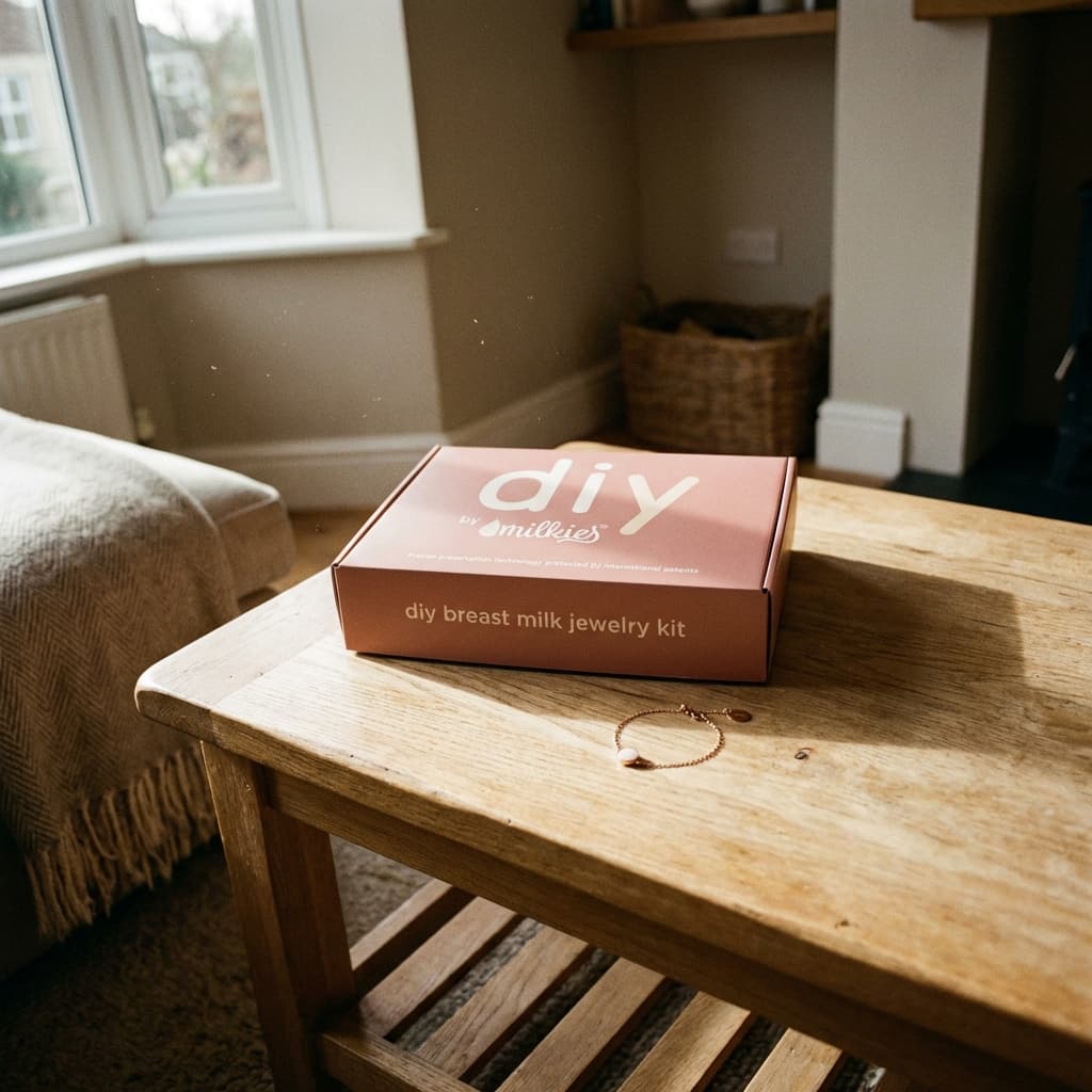 Boîte DIY by MILKIES sur une table en bois avec un bracelet délicat à côté, illustrant un kit fabrication bracelet lait maternel pour créer un bijou souvenir à domicile.