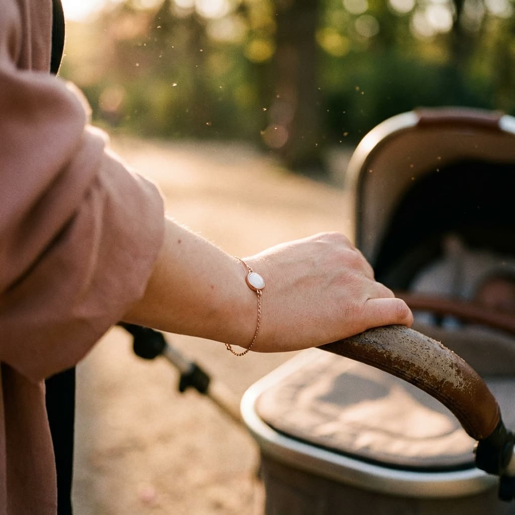Gros plan d’un bracelet délicat avec médaillon blanc au poignet d’une maman près d’une poussette, évoquant un kit fabrication bracelet lait maternel pour créer un bijou souvenir à la maison.