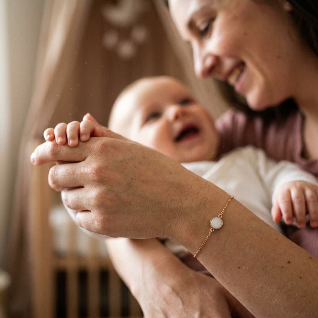 Maman souriante tenant la main de son bébé, portant un bracelet délicat avec pierre lactée — souvenir créé avec un kit fabrication bracelet lait maternel, une bonne idée pour préserver ce moment intime à la maison.