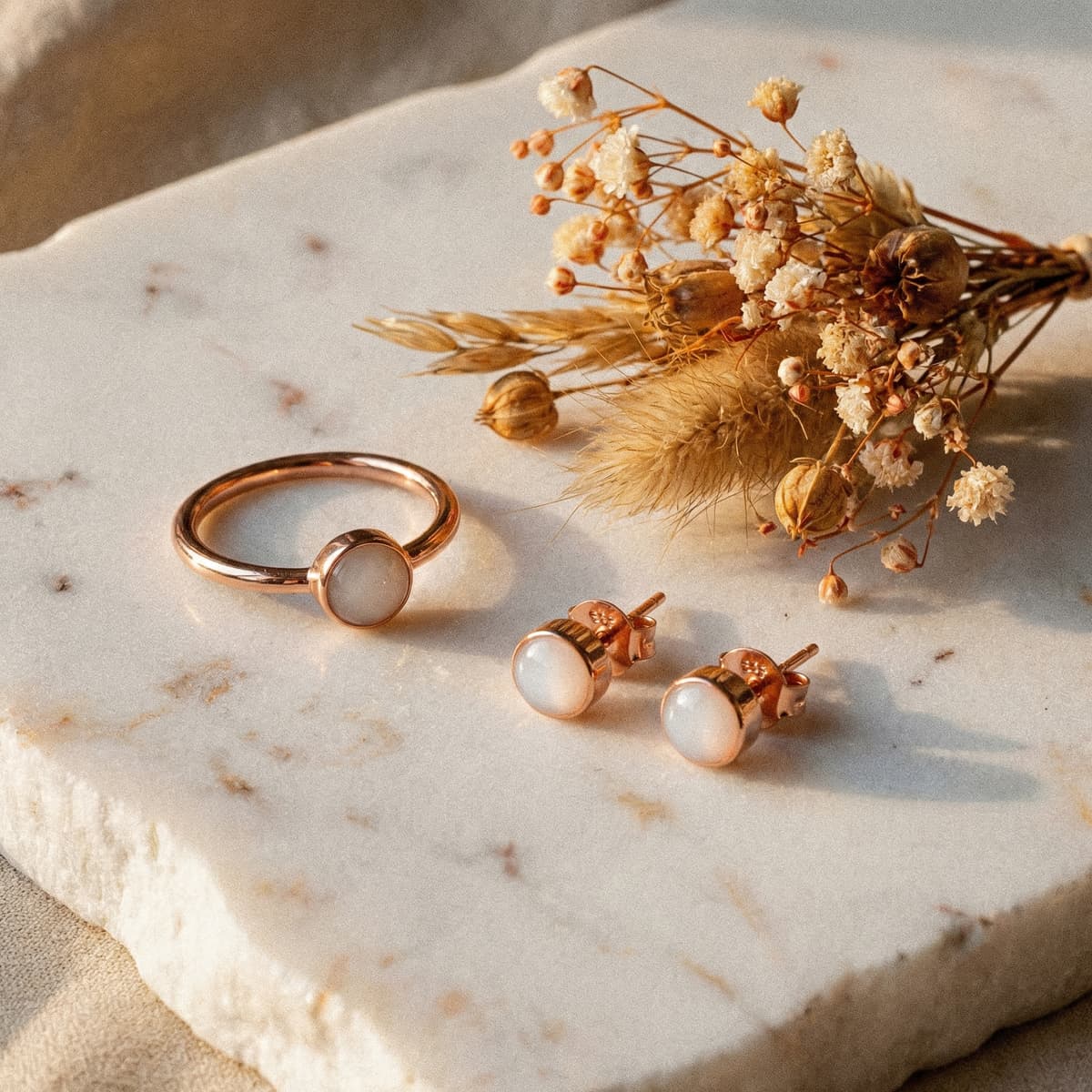 Bijoux souvenir en or rose avec pierre blanche laiteuse (bague et boucles d’oreilles) posés sur une plaque de marbre avec fleurs séchées, une idée du meilleur cadeau naissance maman