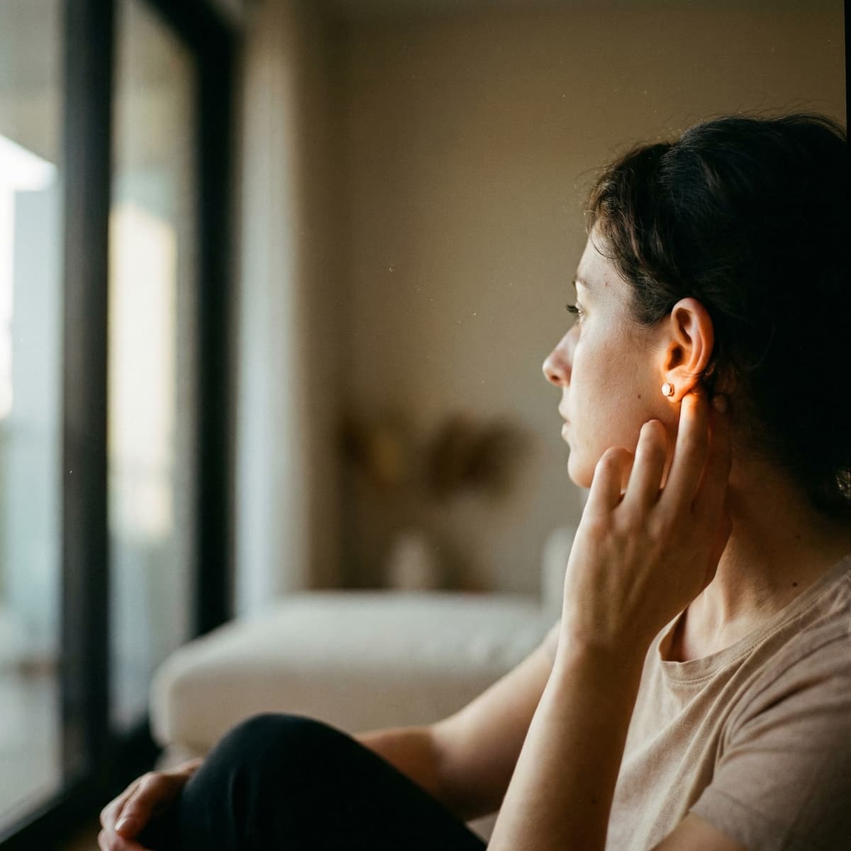 Femme assise près d’une fenêtre dans une ambiance douce et intimiste, portant une paire de boucles d'oreilles lait maternel en petits clous ronds nacrés aux reflets dorés.