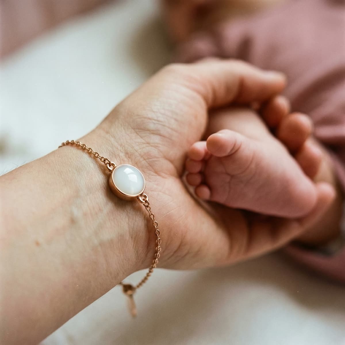 Main de maman tenant le pied de son bébé, portant un bracelet chaîne doré avec une perle lait maternel bracelet blanche en cabochon.