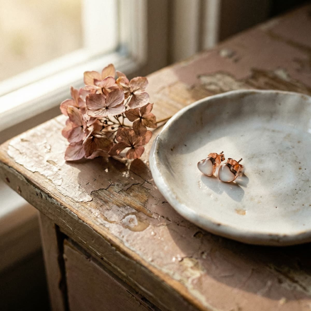 Photo de puces d'oreilles lait maternel en forme de cœur, serties dans une monture en or rose, posées sur une assiette en céramique près de fleurs séchées et d’une fenêtre.