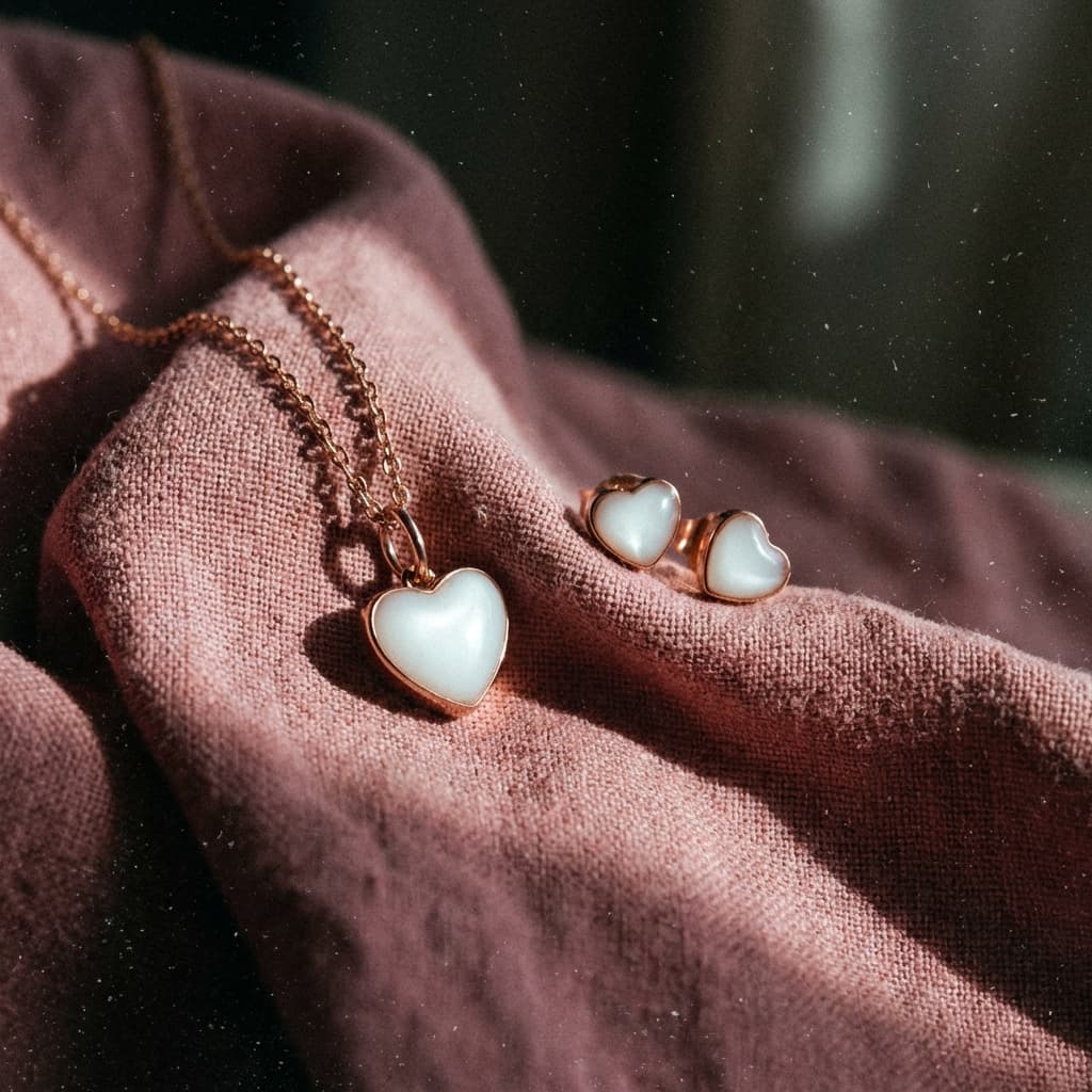 Collier et boucles d’oreilles dorés en forme de cœur avec cabochon blanc en résine pour bijoux lait maternel, posés sur un tissu rose doux.