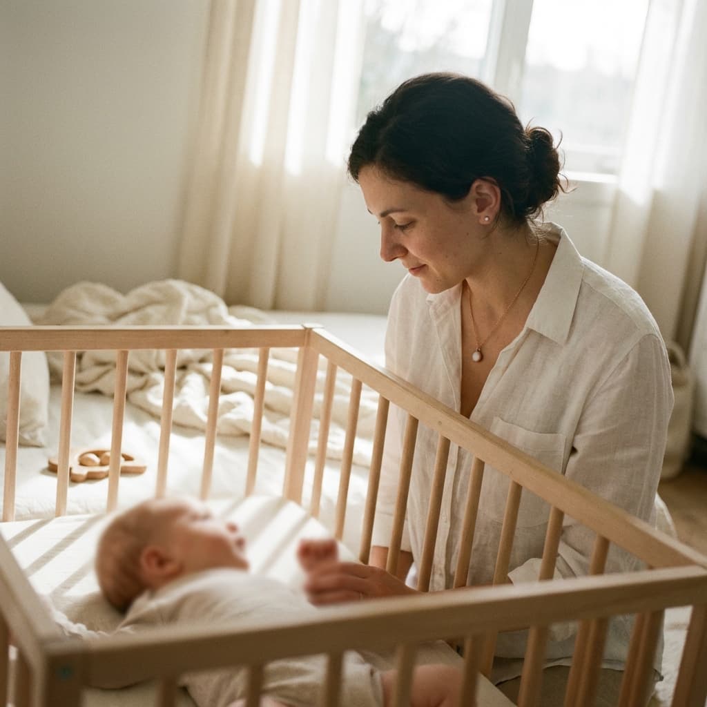 Jeune maman assise près du berceau dans une chambre lumineuse, regardant tendrement son bébé, illustrant la création de souvenirs avec de la résine pour bijoux lait maternel.