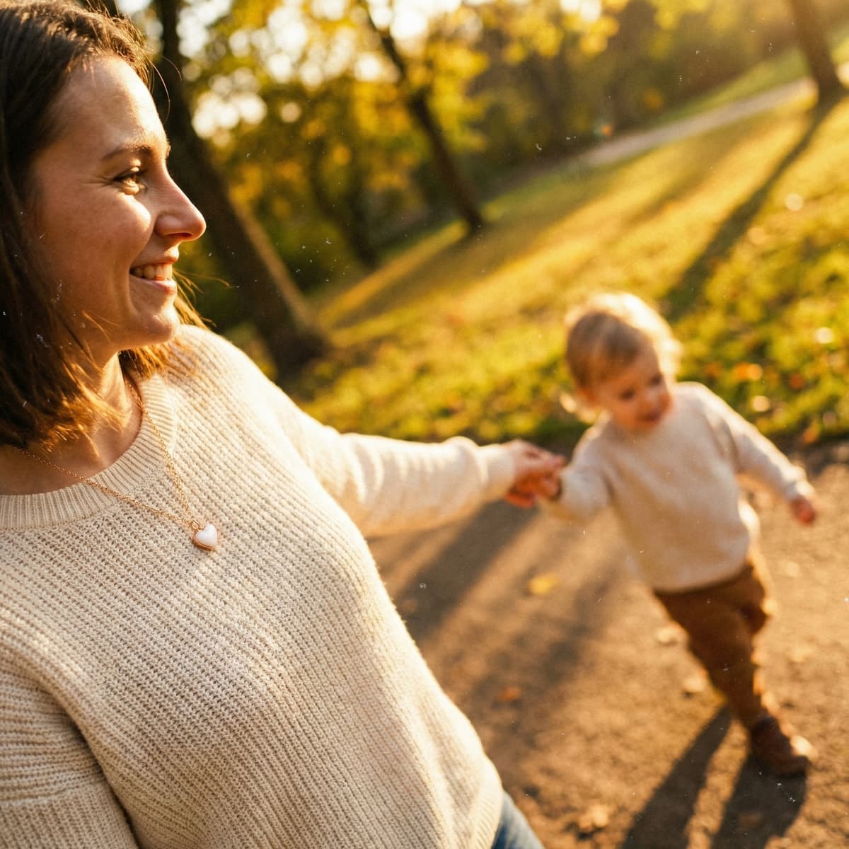 Maman souriante portant un collier pendentif en forme de cœur, tenant la main de son bébé lors d’une promenade au parc au coucher du soleil, idée de souvenir dernière tétée en bijou