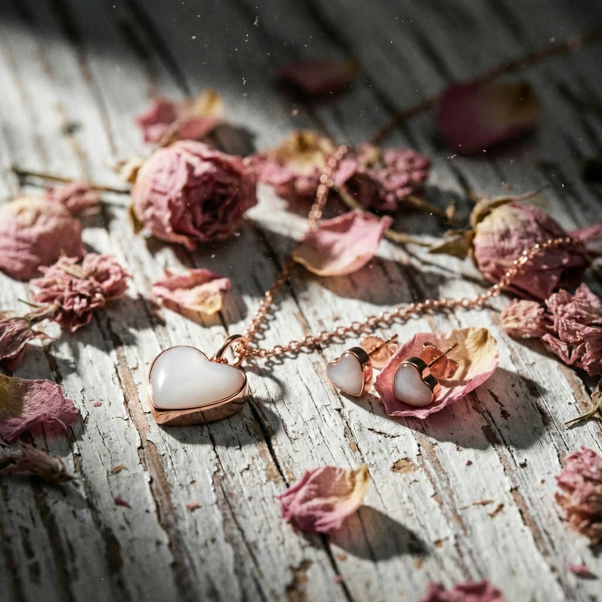 Bijoux cœur en métal rosé (pendentif sur chaîne et boucles d’oreilles assorties) posés sur du bois blanchi avec des pétales de roses séchées, un souvenir dernière tétée délicat à porter au quotidien.